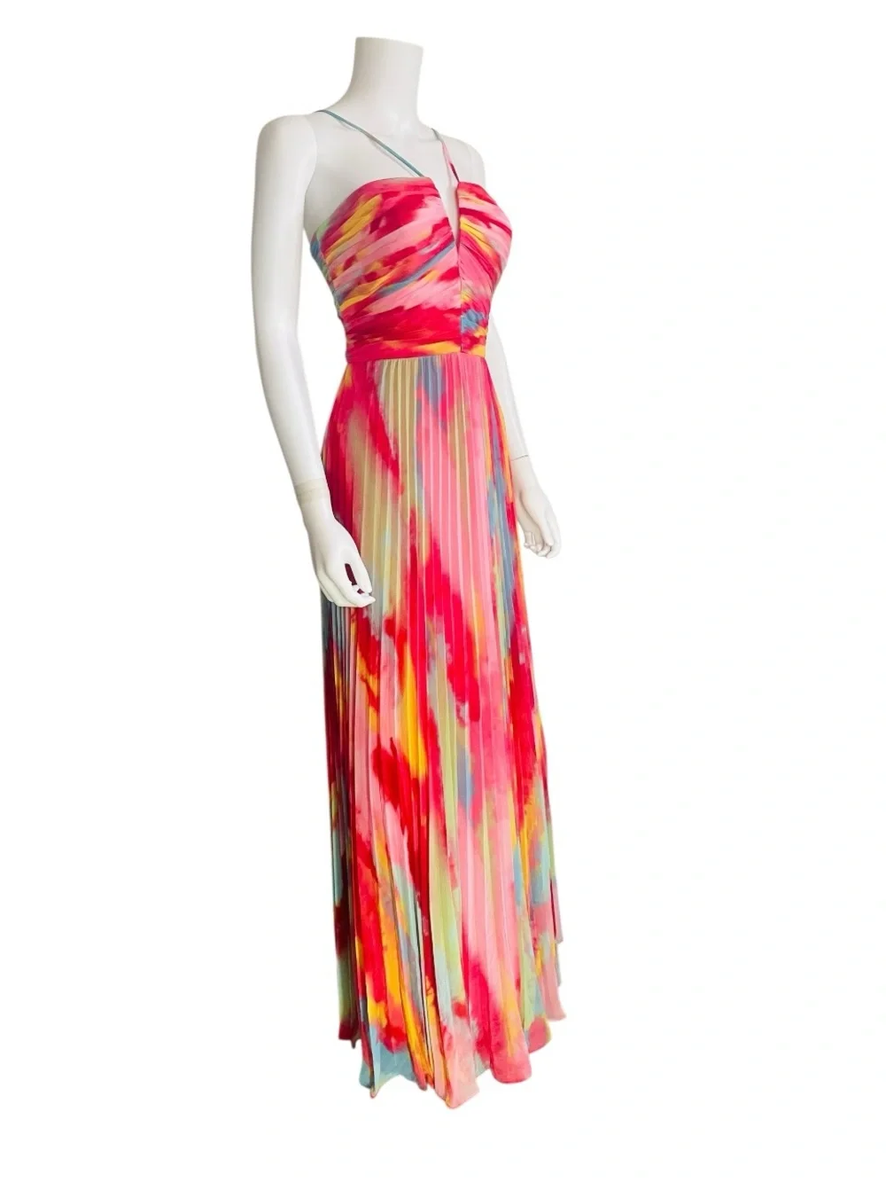 $259 Xscape Multi Tie Dye Print Pleated Halter Maxi Dress Size 8 - Picture 3 of 7